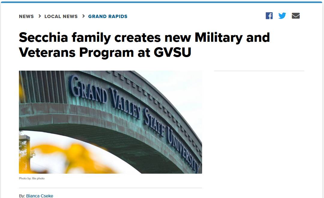 Screenshot of a web news article about Secchia military and veterans program
